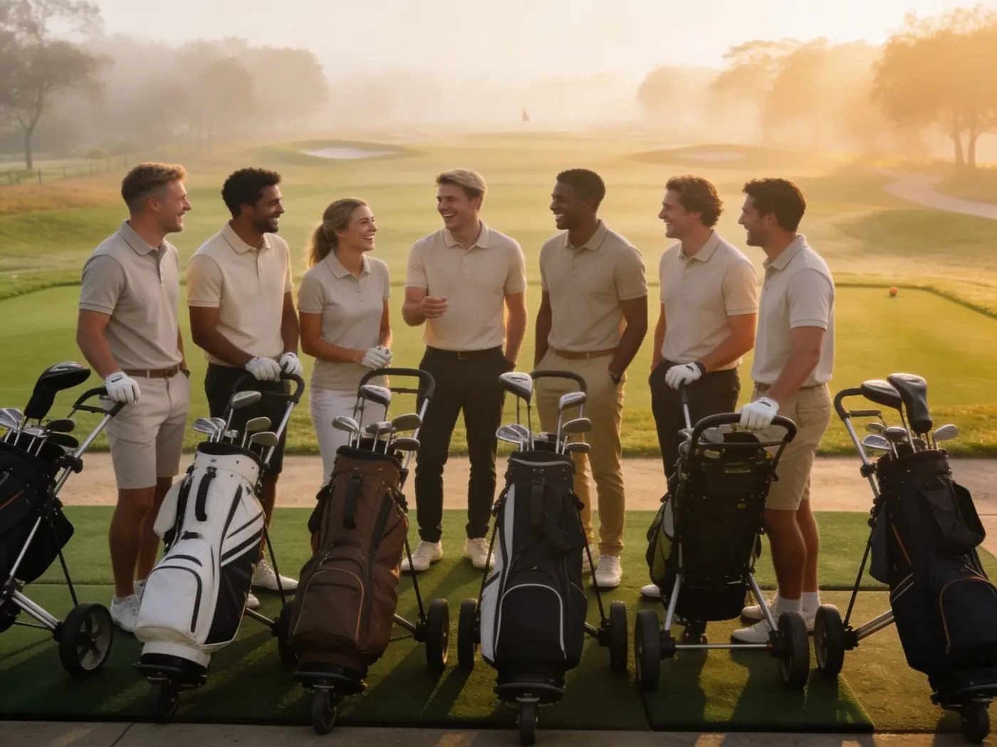 Friends walking together on a golf course at golden hour